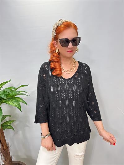 6690 Italyan Ajurlu Triko Bluz Siyah