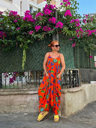 7001 BONCUK DETAY DESENLİ ŞALVAR TULUM TURUNCU boyum 1.64