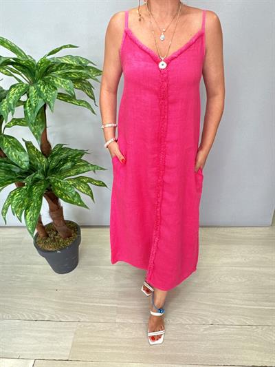 7004 Italyan Keten Elbise Fuşya