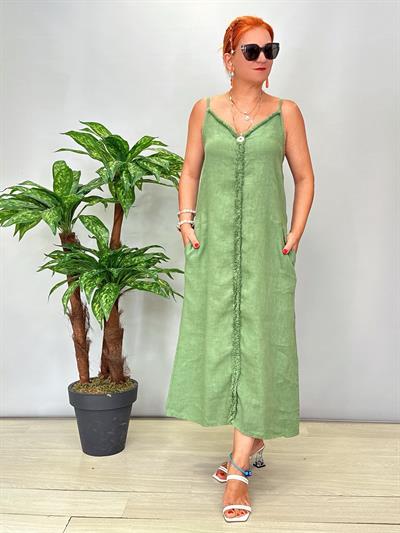 7004 Italyan Keten Elbise Yeşil