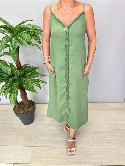 7004 Italyan Keten Elbise Yeşil
