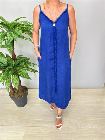 7004 Italyan Keten Elbise Saks Mavi