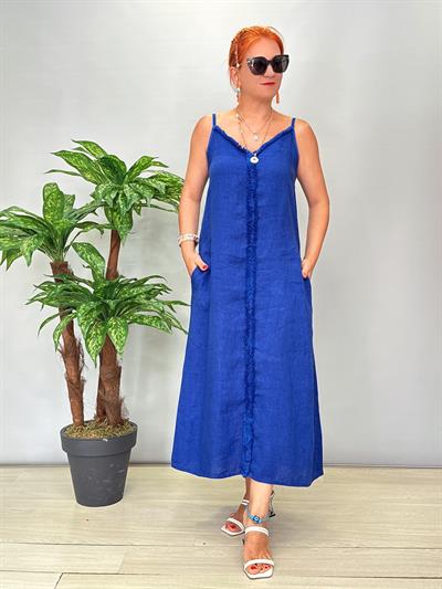 7004 Italyan Keten Elbise Saks Mavi