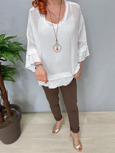 7005 Italyan Pamuklu File Bluz Beyaz