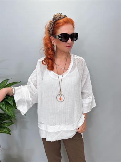 7005 Italyan Pamuklu File Bluz Beyaz