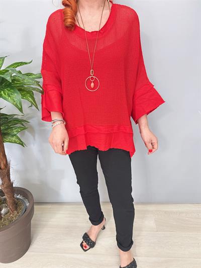 7005 Italyan Pamuklu File Bluz Kırmızı