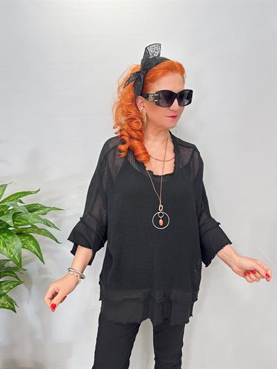 7005 Italyan Pamuklu File Bluz Siyah