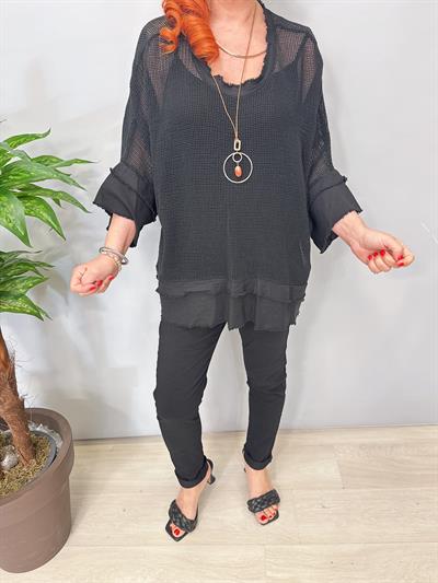 7005 Italyan Pamuklu File Bluz Siyah