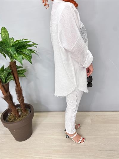 7010 Italyan Ham Keten Gömlek Ceket Beyaz