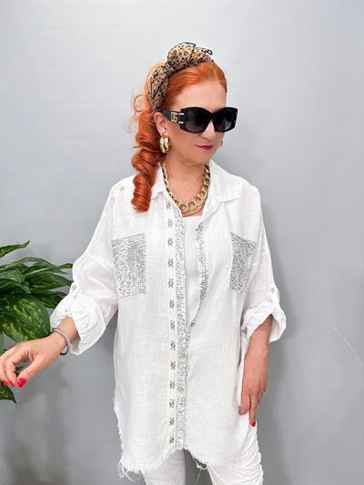 7010 Italyan Ham Keten Gömlek Ceket Beyaz