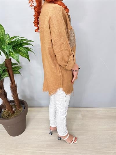 7010 Italyan Ham Keten Gömlek Ceket Camel