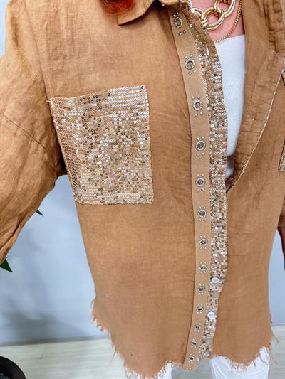 7010 Italyan Ham Keten Gömlek Ceket Camel