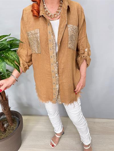 7010 Italyan Ham Keten Gömlek Ceket Camel