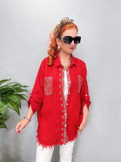 7010 Italyan Ham Keten Gömlek Ceket Kırmızı