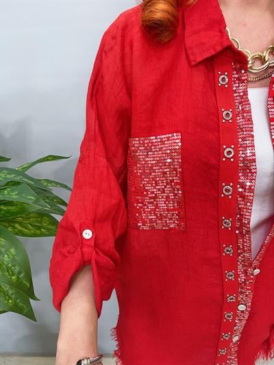 7010 Italyan Ham Keten Gömlek Ceket Kırmızı