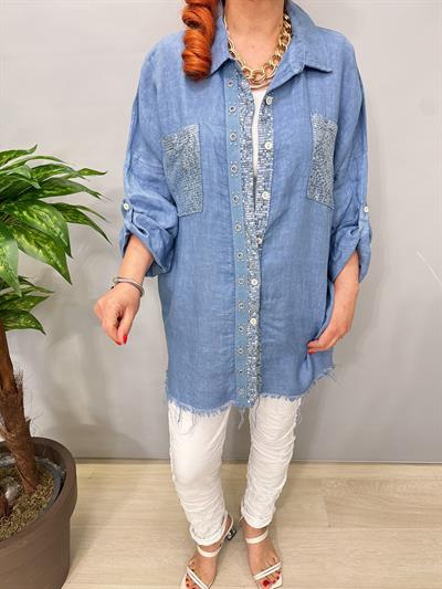 7010 Italyan Ham Keten Gömlek Ceket Mavi