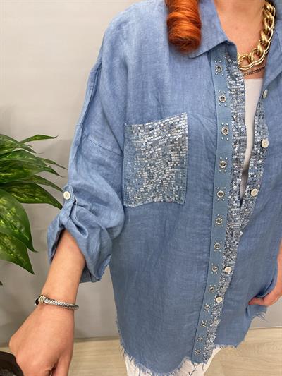 7010 Italyan Ham Keten Gömlek Ceket Mavi