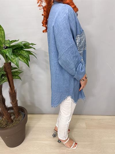 7010 Italyan Ham Keten Gömlek Ceket Mavi