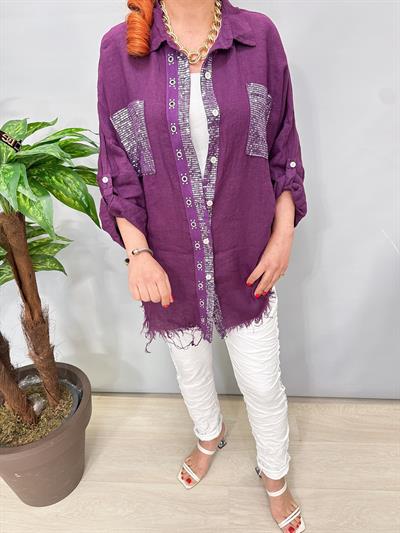 7010 Italyan Ham Keten Gömlek Ceket  Mor