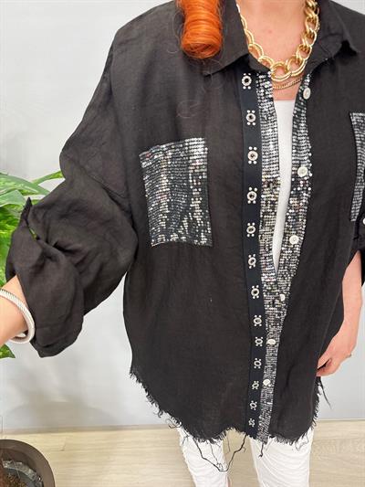 7010 Italyan Ham Keten Gömlek Ceket Siyah