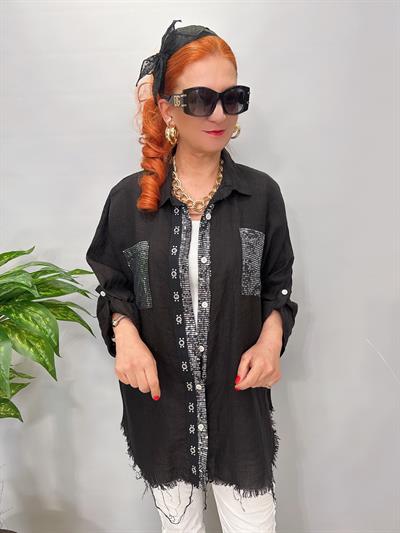 7010 Italyan Ham Keten Gömlek Ceket Siyah