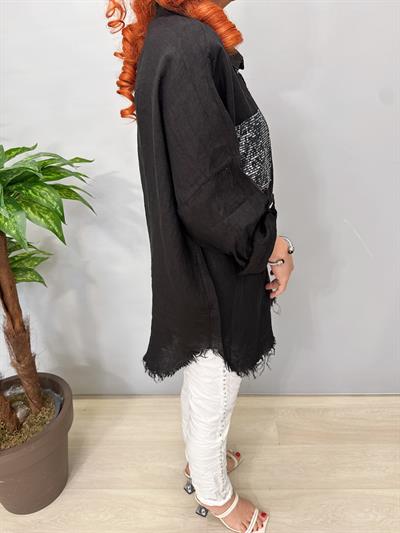 7010 Italyan Ham Keten Gömlek Ceket Siyah