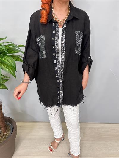 7010 Italyan Ham Keten Gömlek Ceket Siyah