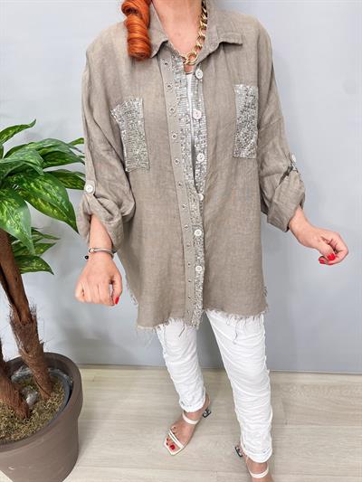 7010 Italyan Ham Keten Gömlek Ceket Vizon