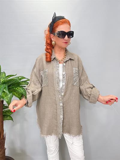 7010 Italyan Ham Keten Gömlek Ceket Vizon