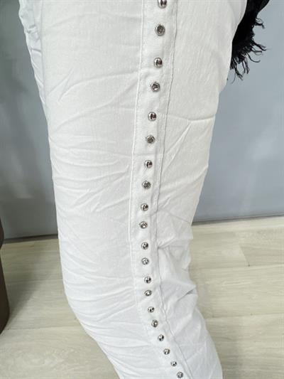 7010 Italyan Yanları Taş Detaylı Pantolon Beyaz