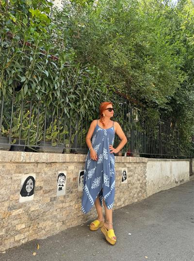 7011 İTHAL PAMUKLU VİSKON ASİMETRİK ELBİSE INDIGO 36/46 BEDEN UYUMLUDUR boyum 1.64