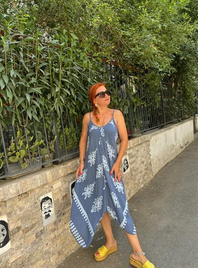 7011 İTHAL PAMUKLU VİSKON ASİMETRİK ELBİSE INDIGO 36/46 BEDEN UYUMLUDUR boyum 1.64