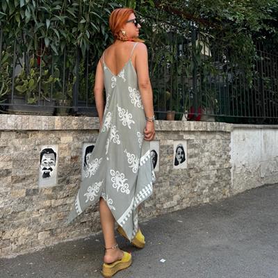 7011 İTHAL PAMUKLU VİSKON ASİMETRİK ELBİSE KÜF YEŞİLİ  36/46 BEDEN UYUMLUDUR boyum 1.64