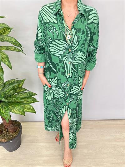 7020 Italyan Keten Elbise Yeşil 