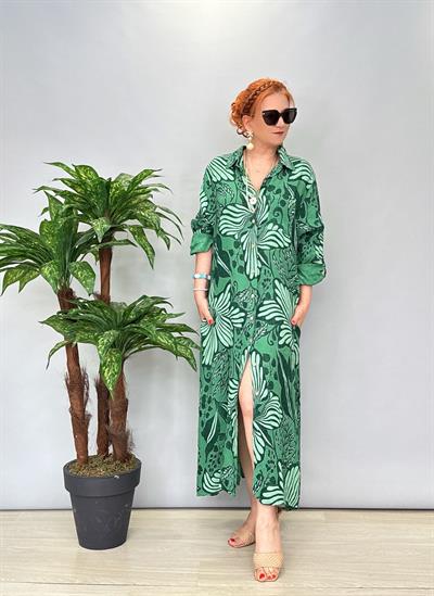 7020 Italyan Keten Elbise Yeşil 