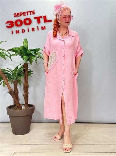 7025 Italyan Ham Keten Elbise Pembe