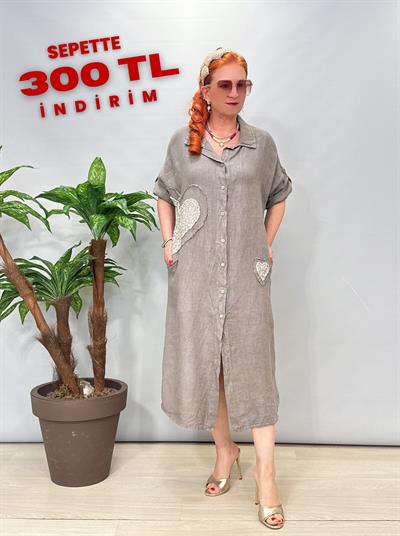 7025 Italyan Ham Keten Elbise Vizon