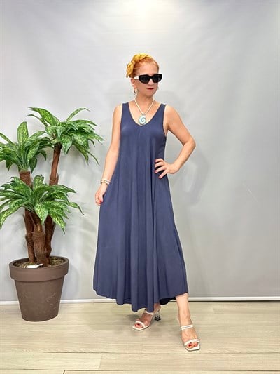 7080 Italyan Tencel Elbise Lacivert