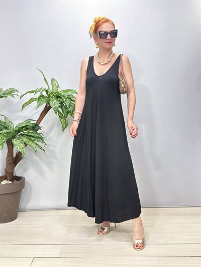 7080 Italyan Tencel Elbise Siyah