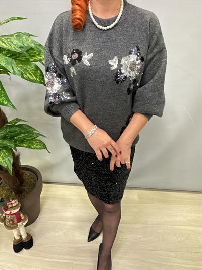 6310 Tasarım Payet Detaylı Triko Kazak Gri 