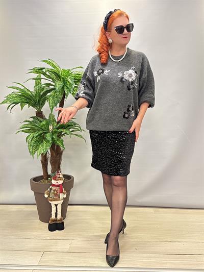 6310 Tasarım Payet Detaylı Triko Kazak Gri 