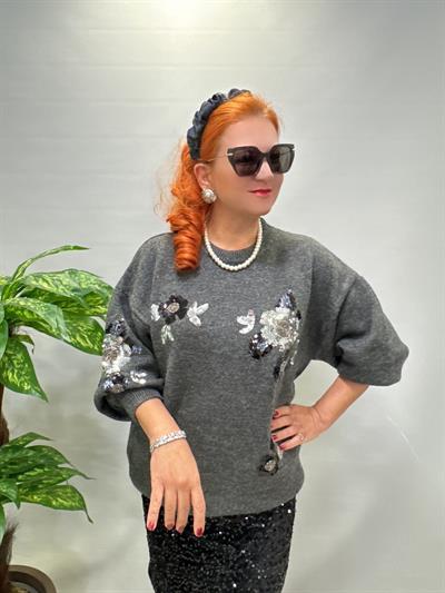 6310 Tasarım Payet Detaylı Triko Kazak Gri 