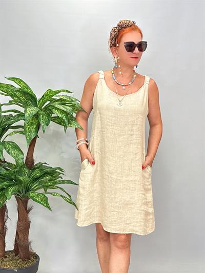 7788 Italyan Ham Keten Elbise Taş