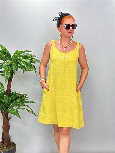 7788 Italyan Ham Keten Elbise Yeşil