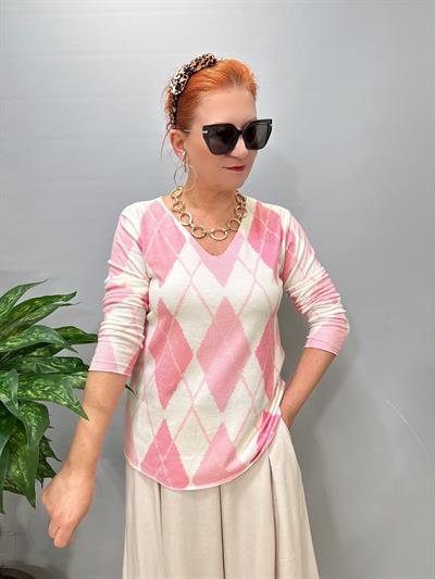 8025 Italyan Baklava Desen Triko Bluz Pembe