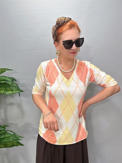 8025 Italyan Baklava Desen Triko Bluz Sarı
