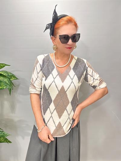 8025 Italyan Baklava Desen Triko Bluz Gri