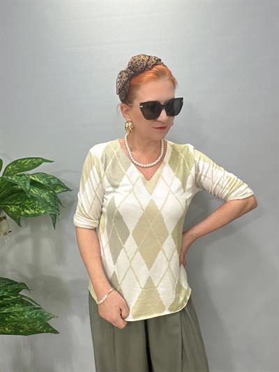 8025 Italyan Baklava Desen Triko Bluz Yeşil