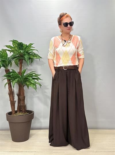 8025 Italyan Tencel Bol Paça Pantolon Acı Kahve