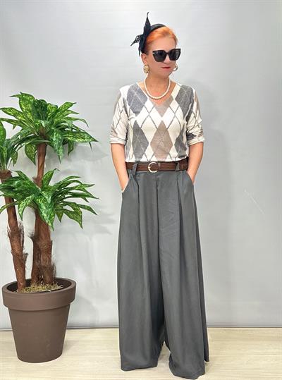 8025 Italyan Tencel Bol Paça Pantolon Gri